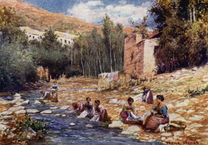 Granada, villor på stranden av floden Darro (färg litho) av A. Trevor Haddon