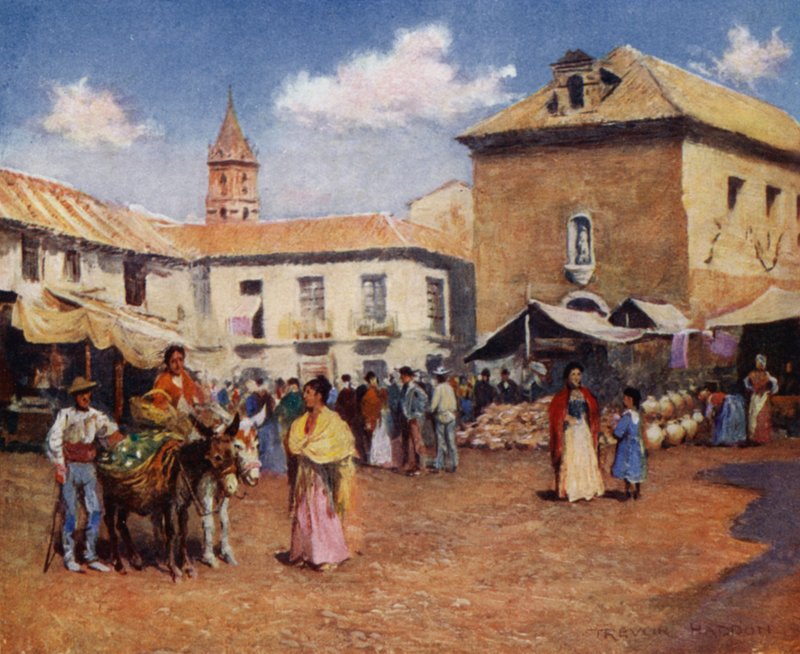 Malaga, A Market (färg litho) av A. Trevor Haddon