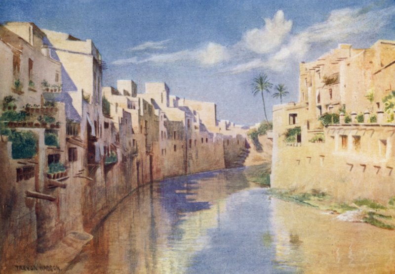 Orihuela vid floden Segura (färg litho) av A. Trevor Haddon