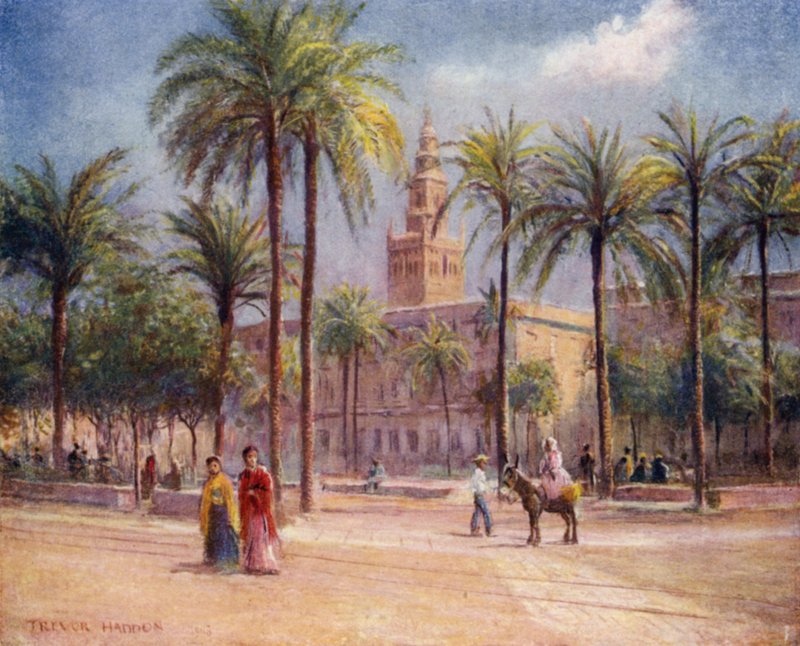 Sevilla, Plaza de San Fernando (färg litho) av A. Trevor Haddon