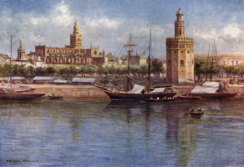 Sevilla, Torre del Oro och katedralen (färg litho) av A. Trevor Haddon