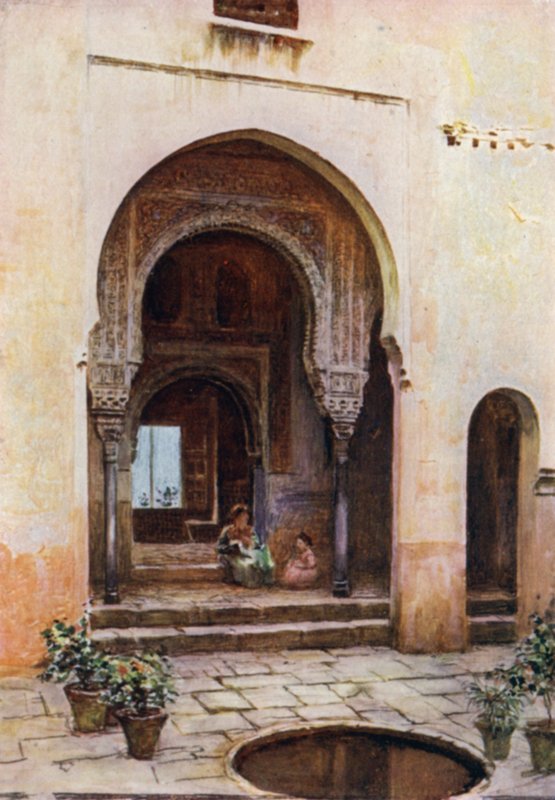 Alhambra, Court of the Mexuar, West Facade (färg litho) av A. Trevor Haddon