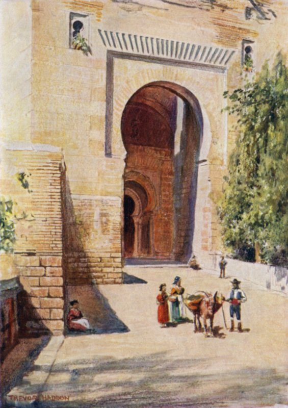 Alhambra, Rättvisans port (färg litho) av A. Trevor Haddon