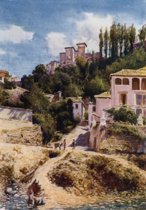 Alhambra, Torre de las Damas från floden Darro (färg litho) av A. Trevor Haddon