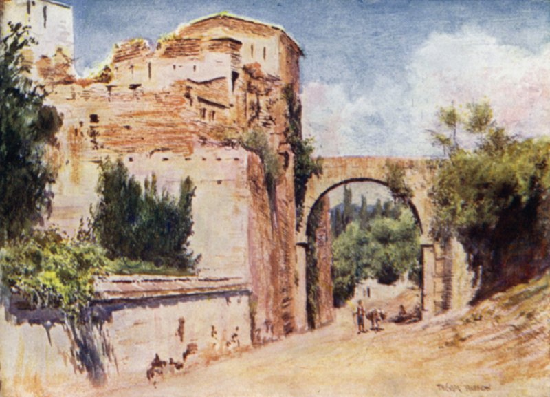 Alhambra, tornet och akvedukten (färg litho) av A. Trevor Haddon