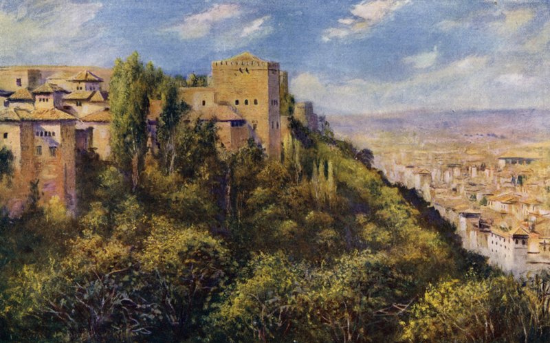 Utsikt över Granada och Alhambra (färg litho) av A. Trevor Haddon