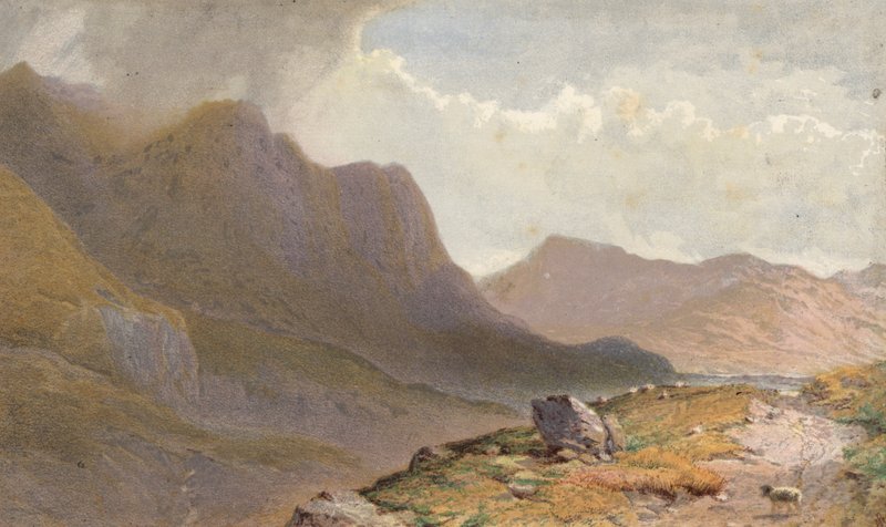 Scen mellan Capel Currg och Llyn Ogwen, vid Nant Frangons topp, norra Wales (chromolitho) av Aaron Edwin Penley