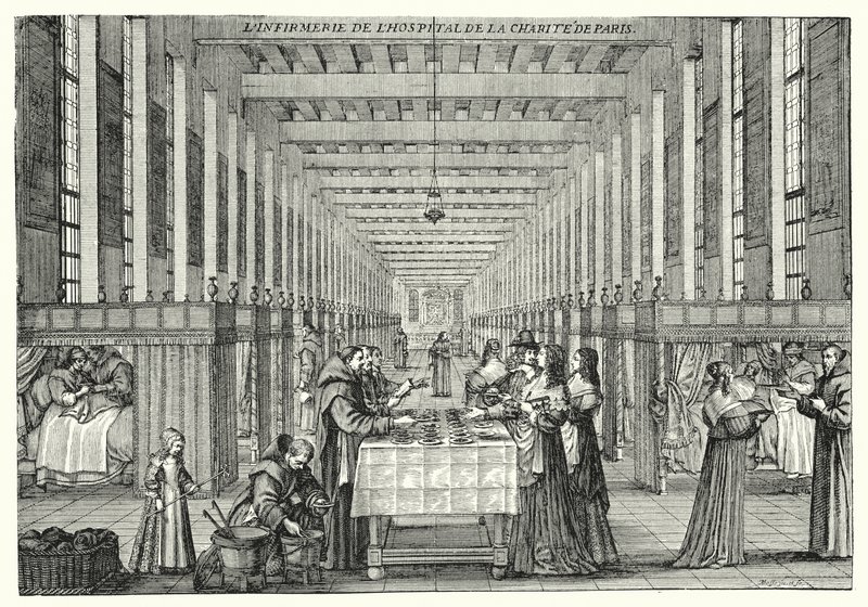 Sjukhuset i Hopital de la Charite i Paris (gravyr) av Abraham (after) Bosse