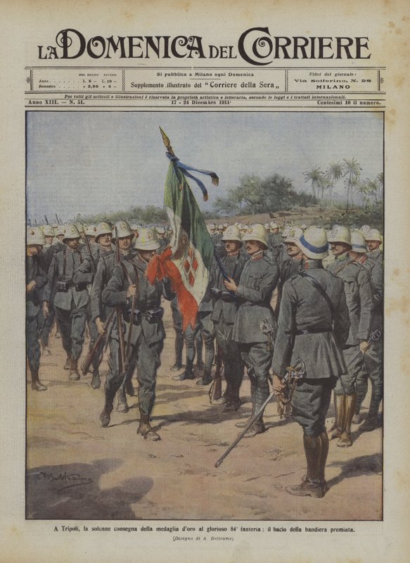 I Tripoli, den högtidliga leveransen av guldmedaljen till det ärorika 84:e infanteriet, kyssen av den tilldelade flaggan av Achille Beltrame