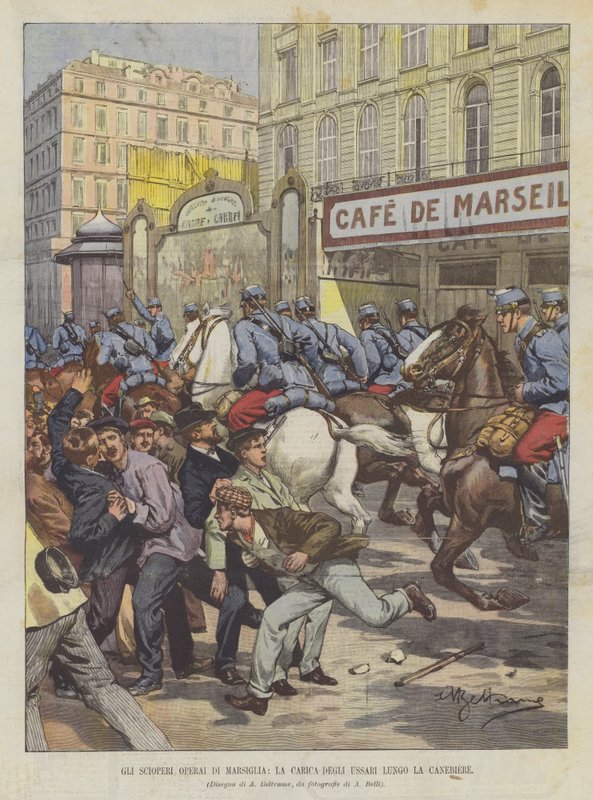 Marseille-arbetarna "strejker, husarerna" anfaller längs Canebiere av Achille Beltrame