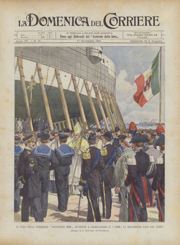Sjösättningen av slagskeppet Benedetto Brin ägde rum i Castellamare den 7 Corr, välsignelsen som gavs av prästerskapet av Achille Beltrame