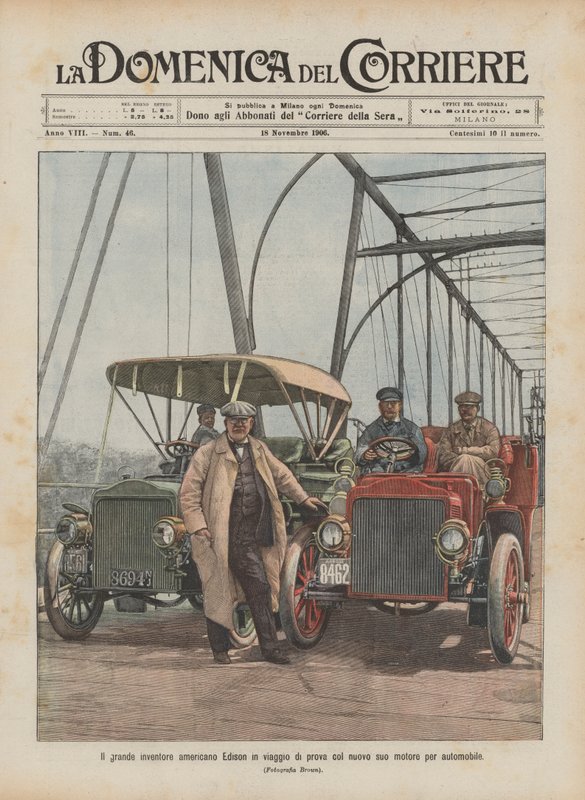 Den store amerikanske uppfinnaren Edison på provresa med sin nya bilmotor av Achille Beltrame