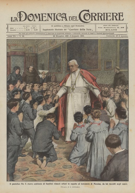 Tar påven Pius X emot hundratals föräldralösa barn efter jordbävningen i Messina? av Achille Beltrame