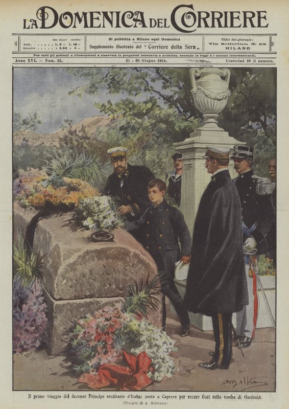Den första resan för den tioårige kronprinsen av Italien, ett stopp i Caprera för att ta med blommor på? av Achille Beltrame