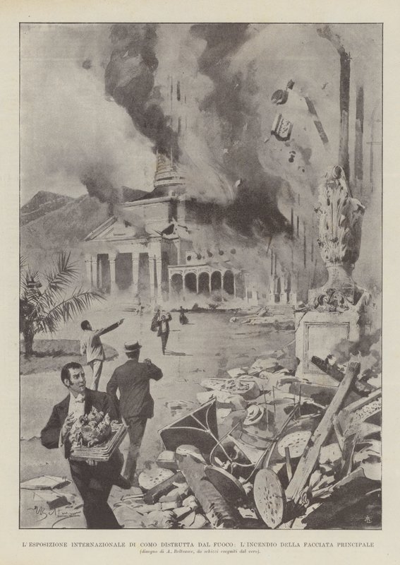 Como International Exposition Destroyed by Fire, Fire of the Main Facade av Achille Beltrame