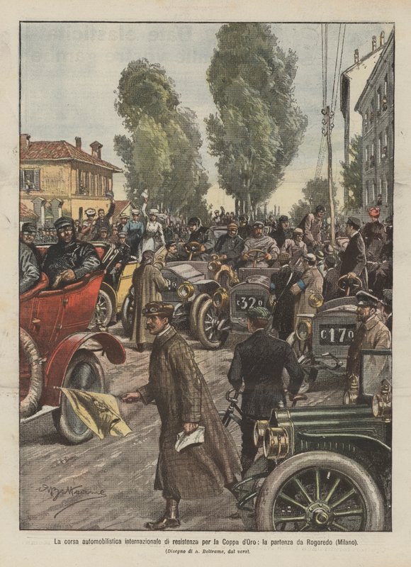 Det internationella uthållighetsracet för Coppa dOro, starten från Rogoredo (Milano) av Achille Beltrame