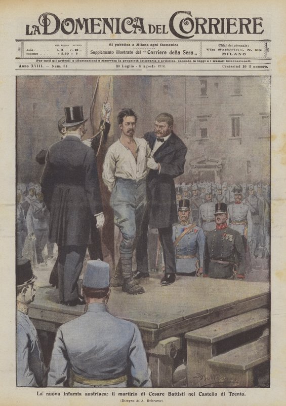 Den nya österrikiska skändningen, Cesare Battistis martyrskap i slottet i Trento av Achille Beltrame