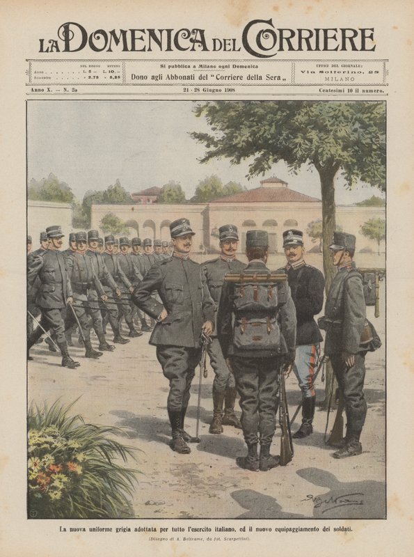 Den nya grå uniformen som antogs för hela den italienska armén, och den nya utrustningen för soldaterna av Achille Beltrame