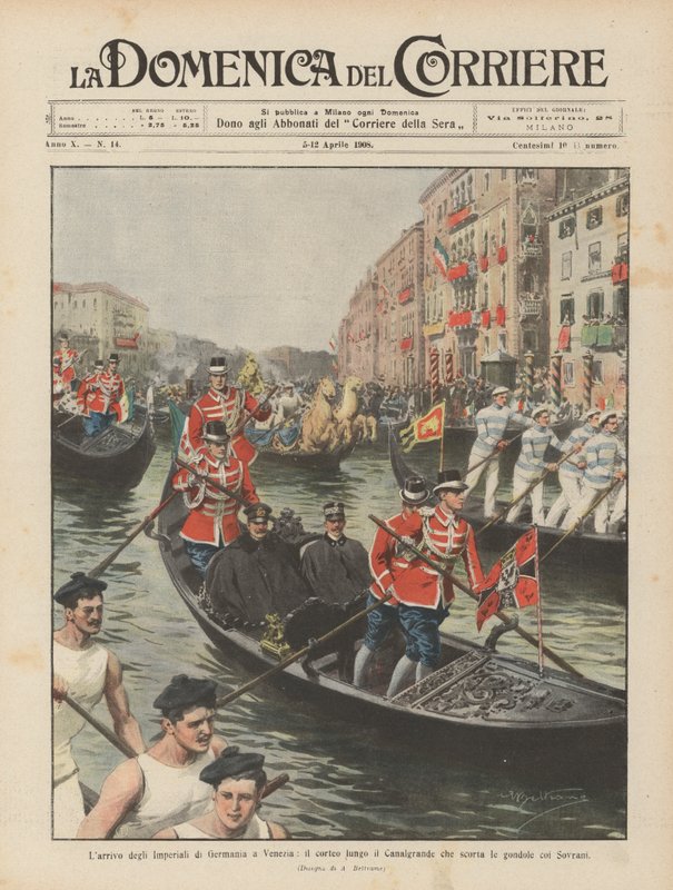 Tysklands kejsares ankomst till Venedig, processionen längs Canal Grande som åtföljer gondolerna med suveränerna av Achille Beltrame