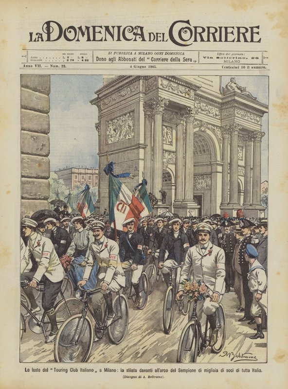 Festerna i den italienska turnéklubben i Milano, paraden framför Simplon-bågen av tusentals? av Achille Beltrame