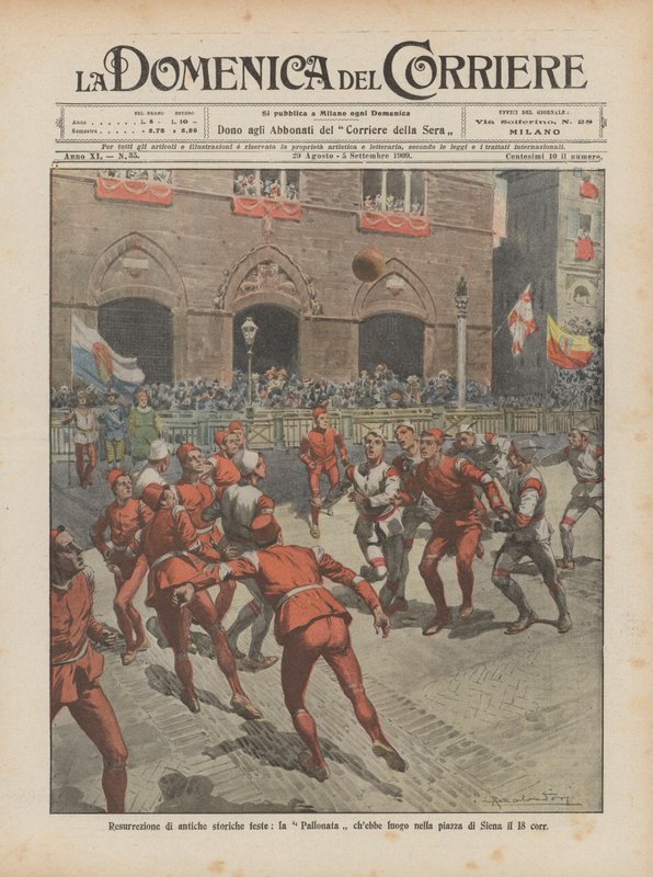 Återuppståndelsen av forntida historiska festivaler, Pallonata som skulle äga rum på torget i Siena den 18 corr. av Achille Beltrame
