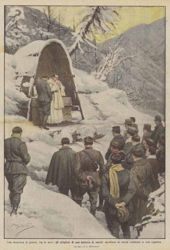 På en söndag av krig, i snön, lyssnar skyttarna i ett batteri av granatkastare på mässan? av Achille Beltrame