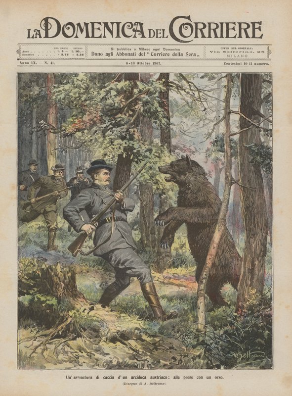Ett jaktäventyr av en österrikisk ärkehertig som brottas med en björn av Achille Beltrame