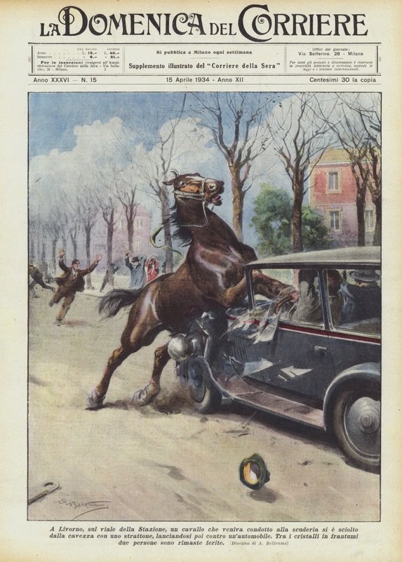 I Livorno, på Viale della Stazione, har en häst som leddes till stallet smält? av Achille Beltrame