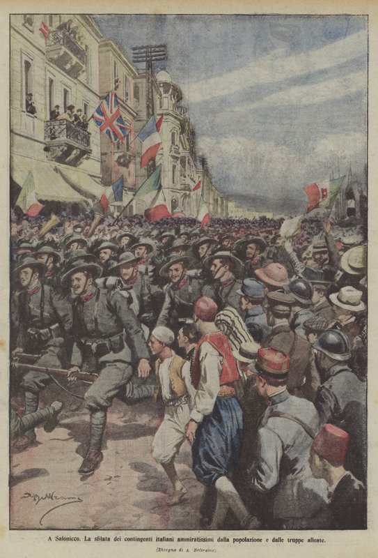 I Thessaloniki, paraden av de italienska kontingenten beundrad av befolkningen och allierade trupper av Achille Beltrame