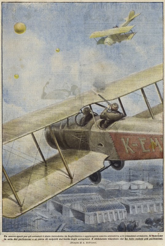 En beväpnad man i ett flygplan som skjuter ballonger över England av Achille Beltrame