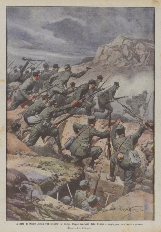 Norr om Monte Coston, 11 oktober, springer våra trupper ur skyttegravarna och stöter bort fiendens framryckning av Achille Beltrame