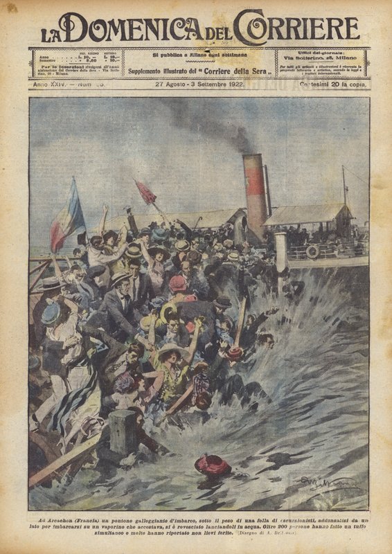 I Arcachon (Frankrike) en flytande ponton ombordstigning, under tyngden av en folkmassa? av Achille Beltrame