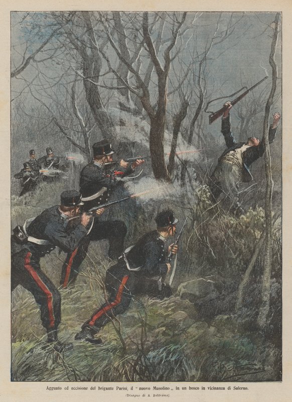 Bakhåll och dödande av briganden Parisi, den nya Musolino i en skog nära Salerno av Achille Beltrame