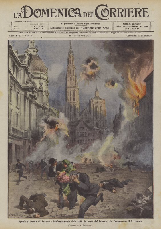 Antwerps plåga och fall, bombning av staden av tyskarna som ockuperade den 9:e av Achille Beltrame