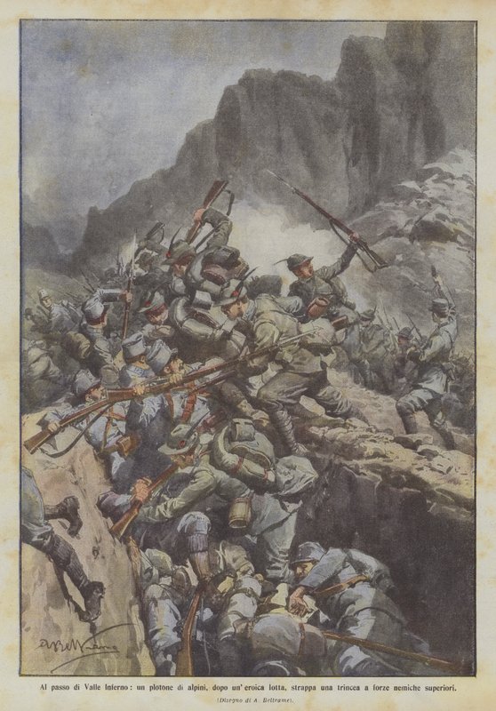 Vid passet Valle Inferno river en pluton alpina trupper, efter en heroisk kamp, ​​upp en skyttegrav? av Achille Beltrame