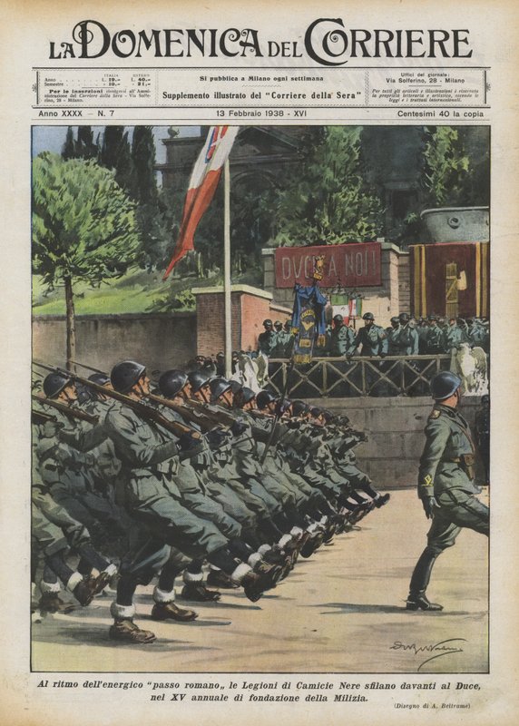 I rytmen av det energiska romerska steget paraderar Legions of Black Shirts framför Duce? av Achille Beltrame