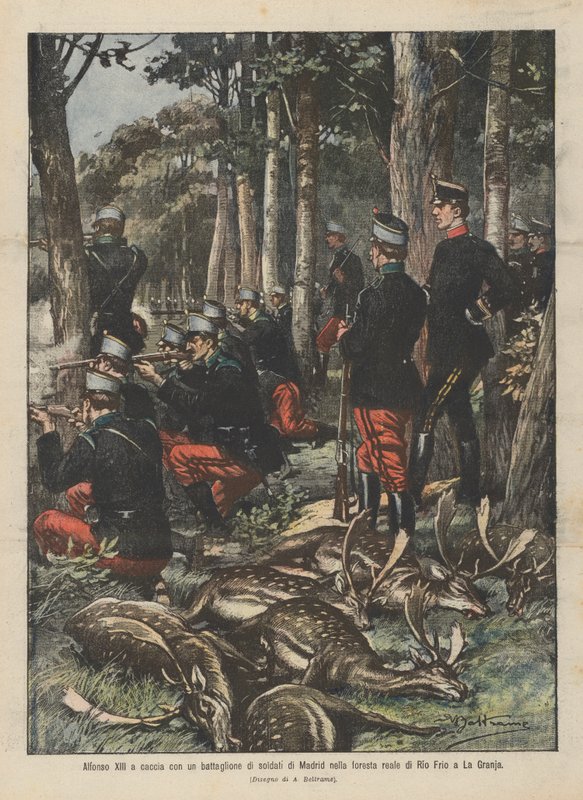 Alfonso XIII jagar med en bataljon Madridsoldater i den kungliga skogen Rio Frio i La Granja av Achille Beltrame