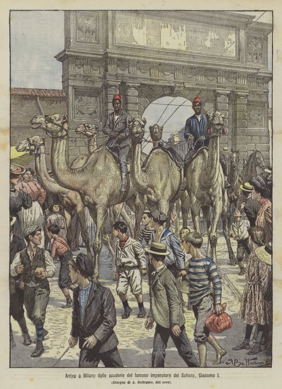 Ankomst till Milano av stallen av den berömda kejsaren av Sahara, James I av Achille Beltrame