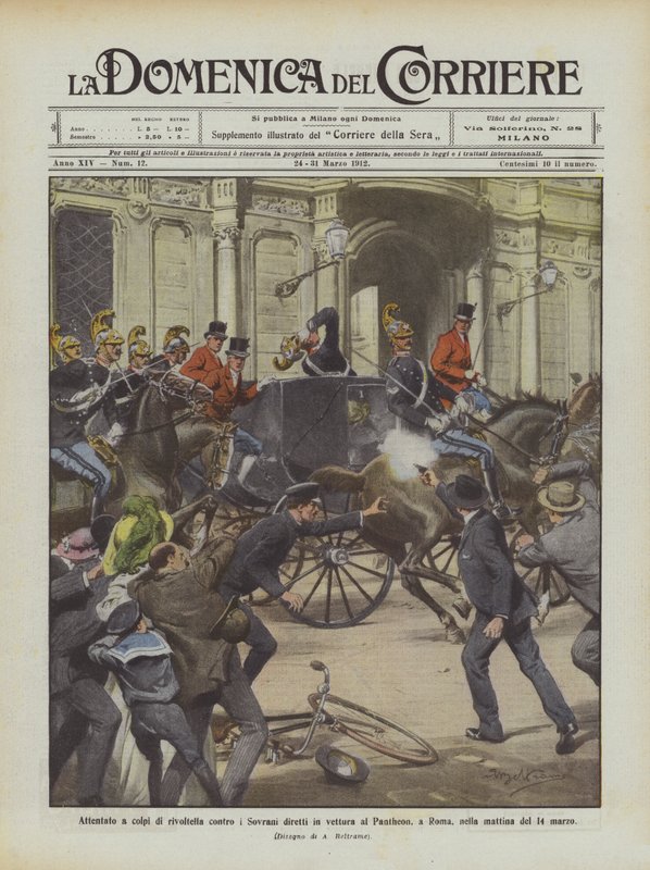 Attack med revolverskott mot suveränerna med bil till Pantheon, i Rom, på morgonen den 14 mars av Achille Beltrame