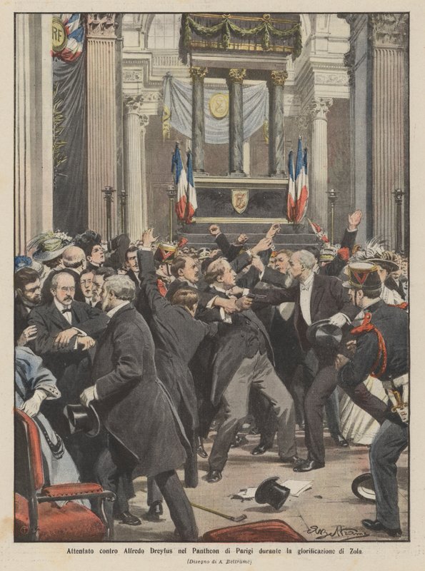 Attack mot Alfredo Dreyfus i Pantheon i Paris under glorifieringen av Zola av Achille Beltrame