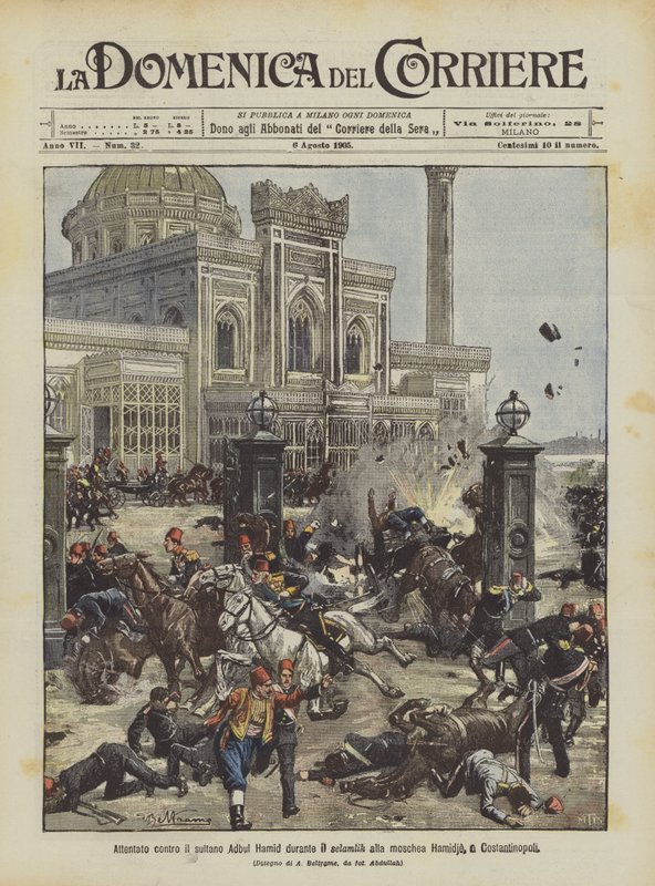 Attack på Sultan Abdul Hamid under selamlik vid Hamidie-moskén i Konstantinopel av Achille Beltrame