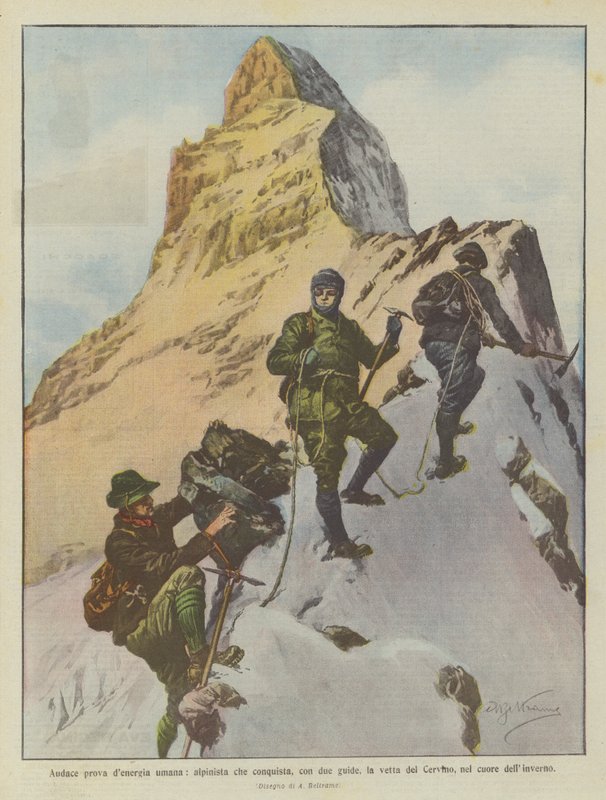 Djärvt bevis på mänsklig energi, bergsbestigare som, med två guider, erövrar toppen av Matterhorn, mitt i vintern av Achille Beltrame