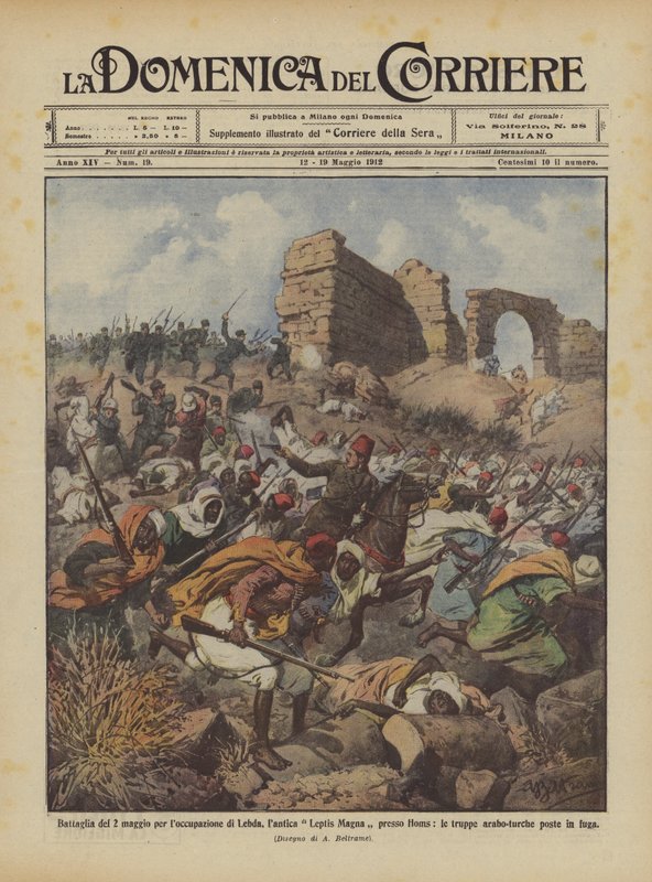 Slaget den 2 maj för ockupationen av Lebda, den antika Leptis Magna nära Homs? av Achille Beltrame
