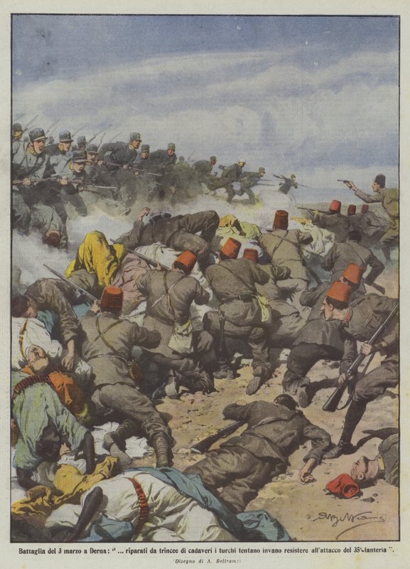 Slaget den 3 mars i Derna, i skydd av skyttegravar av lik försöker turkarna förgäves stå emot? av Achille Beltrame