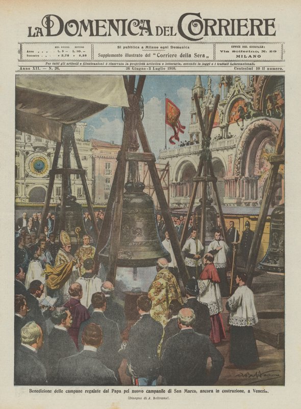 Välsignelse av klockorna som gavs av påven för det nya klocktornet i San Marco, fortfarande under uppbyggnad, i Venedig av Achille Beltrame