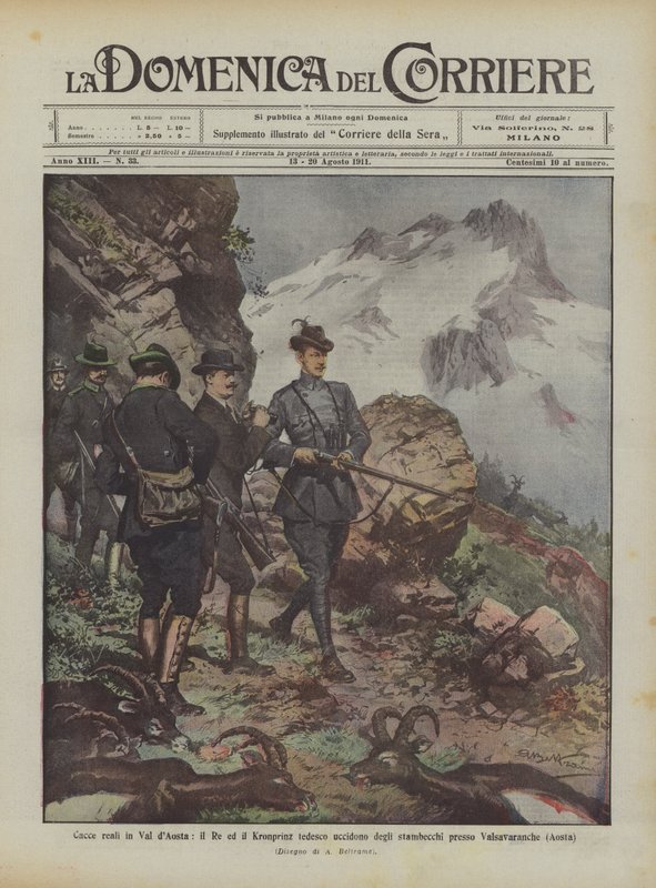 Kungliga jakter i Val dAosta, kungen och den tyska kronprinzen dödar stenbockar nära Valsavaranche (Aosta) av Achille Beltrame