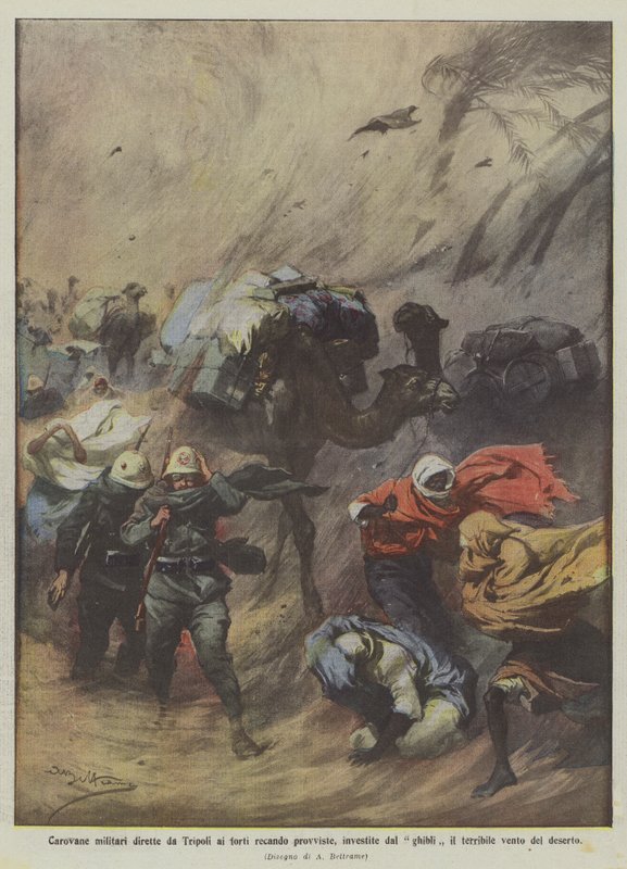 Militärkaravaner på väg från Tripoli till forten med proviant, träffade av Ghibli den förskräcklige? av Achille Beltrame
