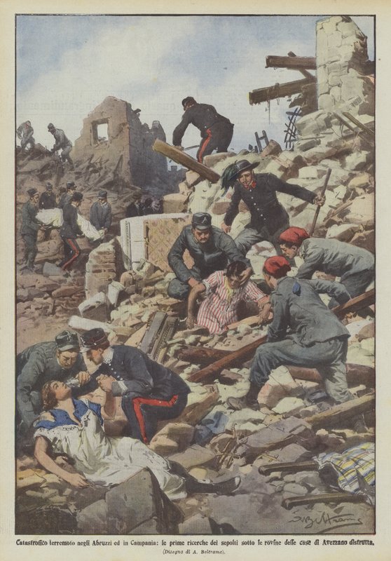 Katastrofal jordbävning i Abruzzi och Kampanien, de första sökningarna efter de som begravdes under ruinerna? av Achille Beltrame