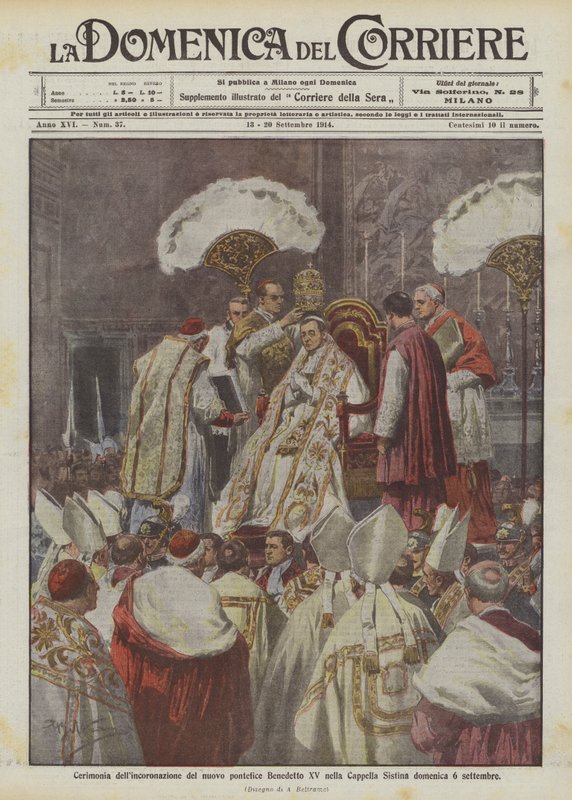 Ceremoni för kröningen av den nye påven Benedikt XV i Sixtinska kapellet söndagen den 6 september av Achille Beltrame
