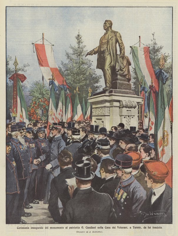Invigningsceremoni för monumentet till patriot G Candiani i Casa dei Veterani, i Turate, som han grundade av Achille Beltrame
